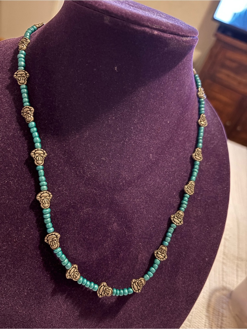 Turquoise Bead Necklace with Gold Floral Accent Beads - Women Jewelry